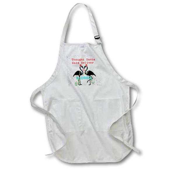 White apron with flamingo holiday graphic and front pocket