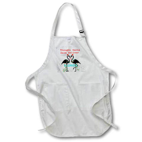 White apron with flamingo holiday graphic and front pocket