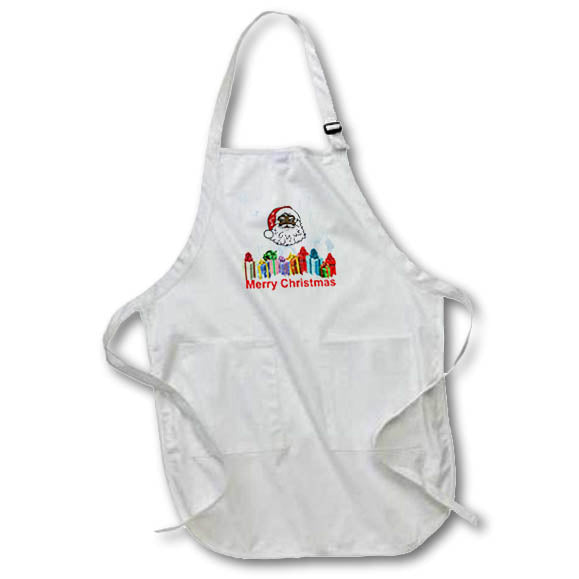White apron with Santa graphic and Merry Christmas text, front pockets and adjustable neck strap