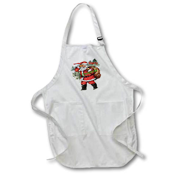 White apron with Santa graphic and front pocket panels, adjustable neck strap