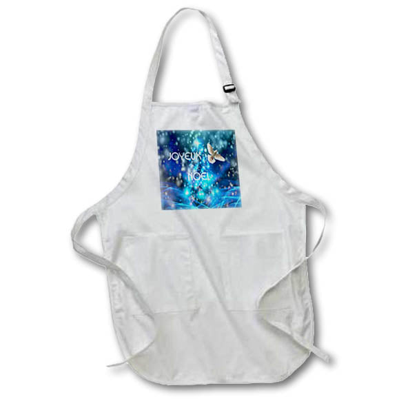 White apron with blue pocket panel featuring dove and Joyeux Noel text