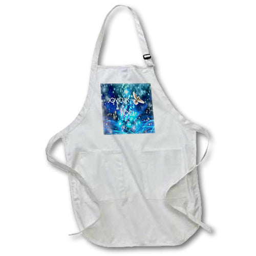 White apron with blue pocket panel featuring dove and Joyeux Noel text