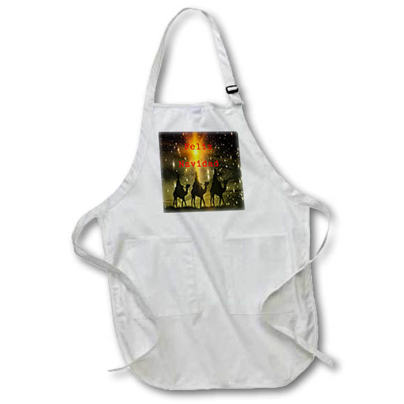 White full apron with square Christmas print of three wise men on camels and star.
