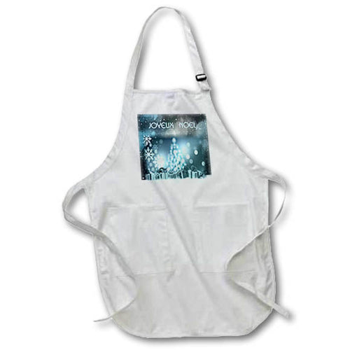 White Christmas apron with Joyeux Noel and snowflake graphic, front pocket and neck strap