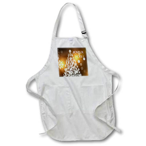 White apron with front pocket, holiday Joyeux Noel print and snowflakes