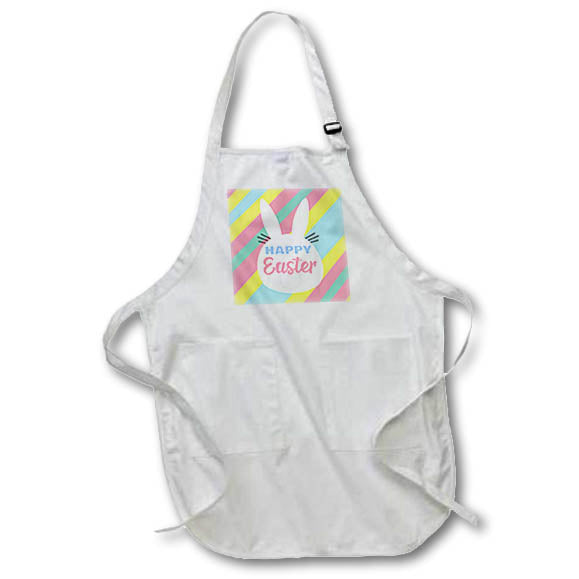White apron with pastel Happy Easter pocket graphic and adjustable neck strap