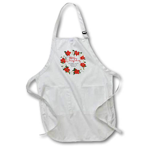 White full-length apron with front pocket pouch and red poinsettia wreath print