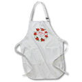 White apron with red and green Christmas wreath graphic and front pockets