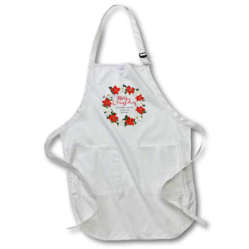 White full-length apron with red poinsettia wreath graphic and front pockets