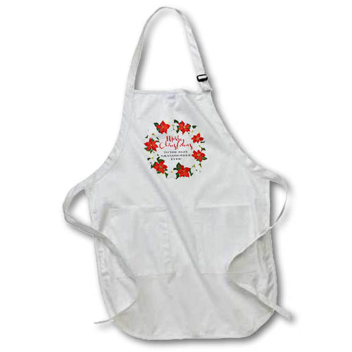 White holiday apron with wreath graphic and front pocket