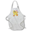White apron with yellow duck graphic and front pocket