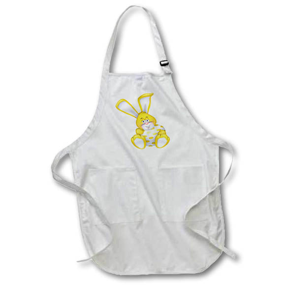 White apron with yellow bunny illustration and front pocket panel