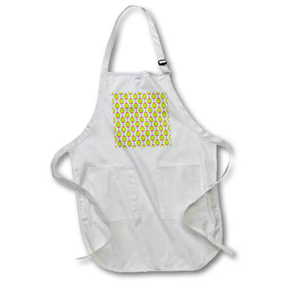 White apron with multicolor Easter egg floral pattern, front pocket and neck strap
