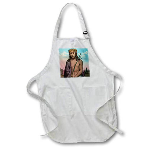 White apron with front pouch pocket and vintage Jesus print