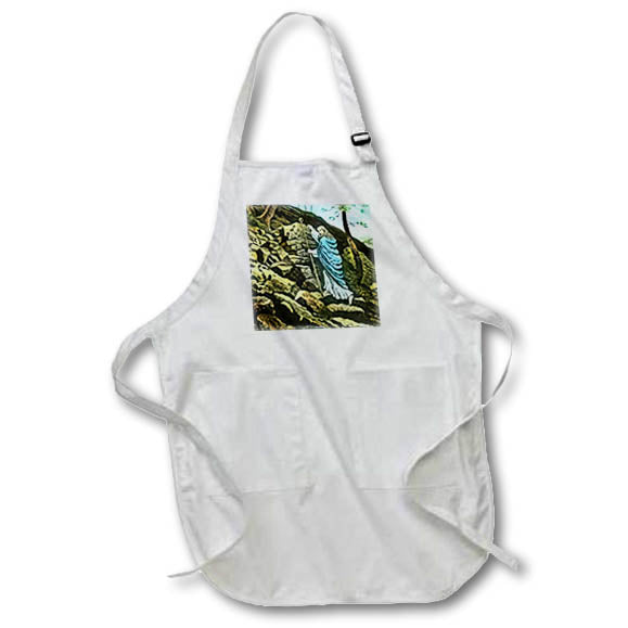 White full apron with front pocket and square vintage slide print