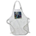 White apron with front pocket and colorful vintage-style scene print