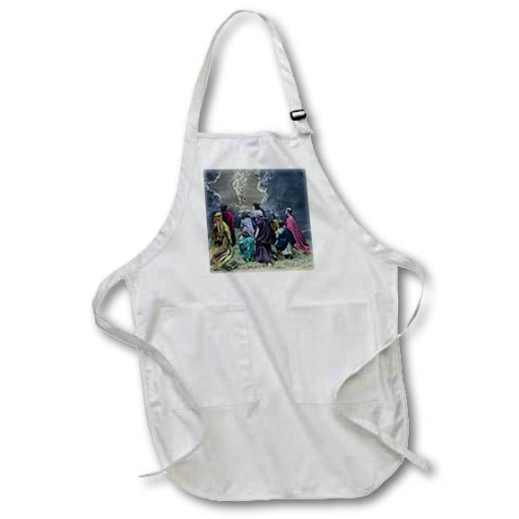 White apron with front pocket and colorful vintage-style scene print
