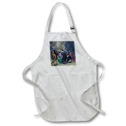 White apron with front pocket and colorful vintage-style scene print
