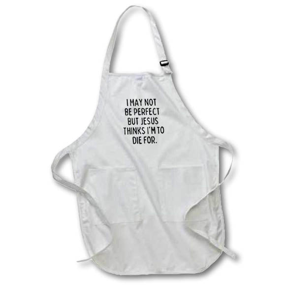 White apron with front pocket and Bible verse print, adjustable neck strap