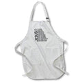 White apron with pockets and vertical "JESUS" text design