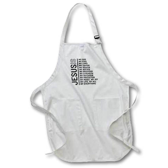 White apron with pockets and vertical "JESUS" text design