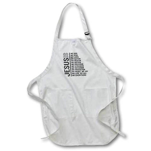 White apron with pockets and vertical "JESUS" text design