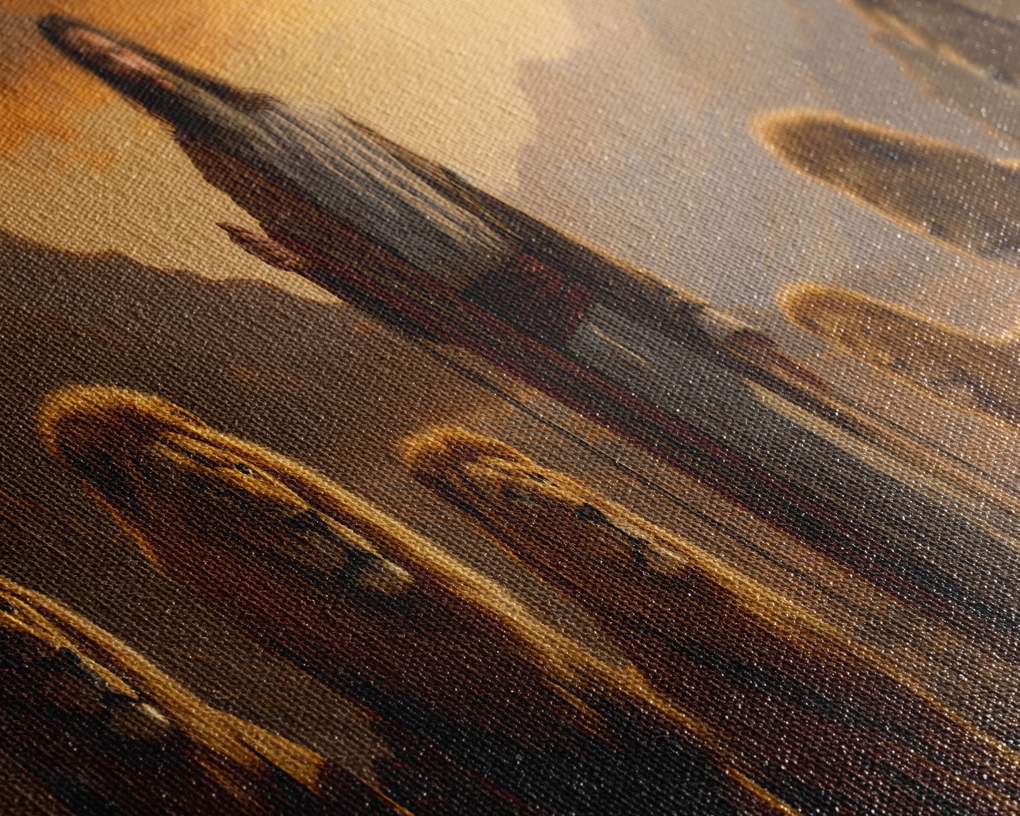 Close-up of painted canvas texture with lion and desert tones in warm browns