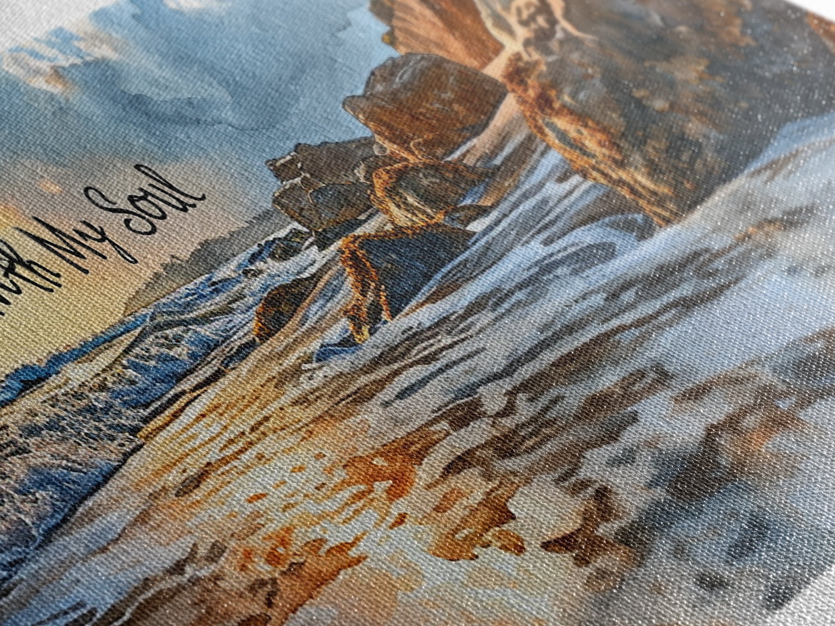 Coastal beach canvas wall art close-up with scripture text over ocean and rocky waves