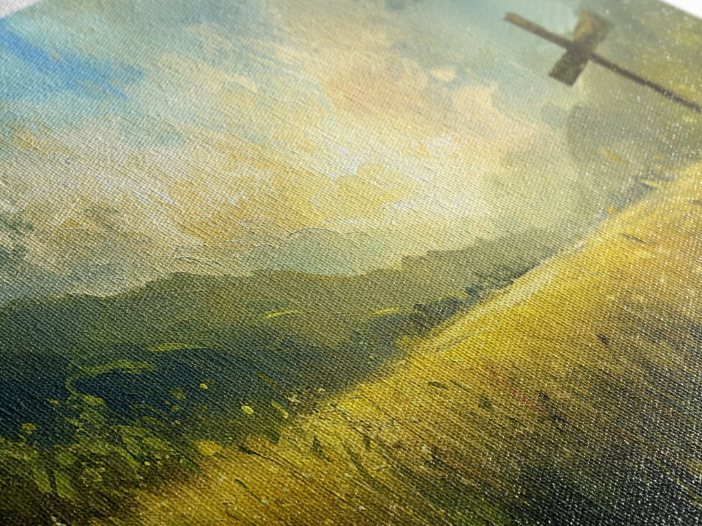 Canvas print close-up showing grass texture and a partial cross shape in the sky