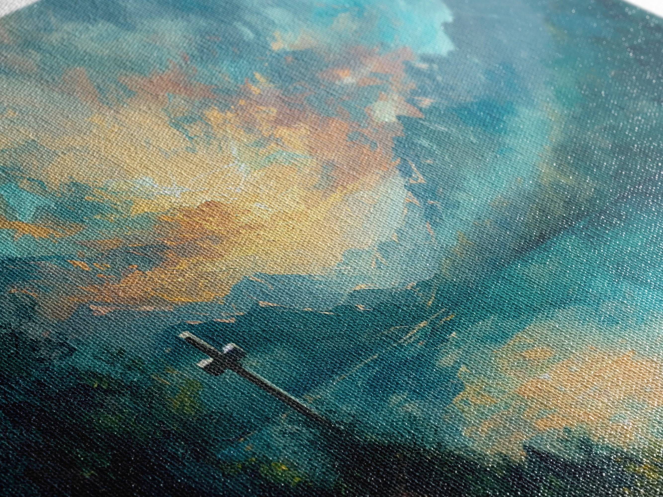 Cross landscape canvas detail with blue-green brushstrokes and glowing horizon