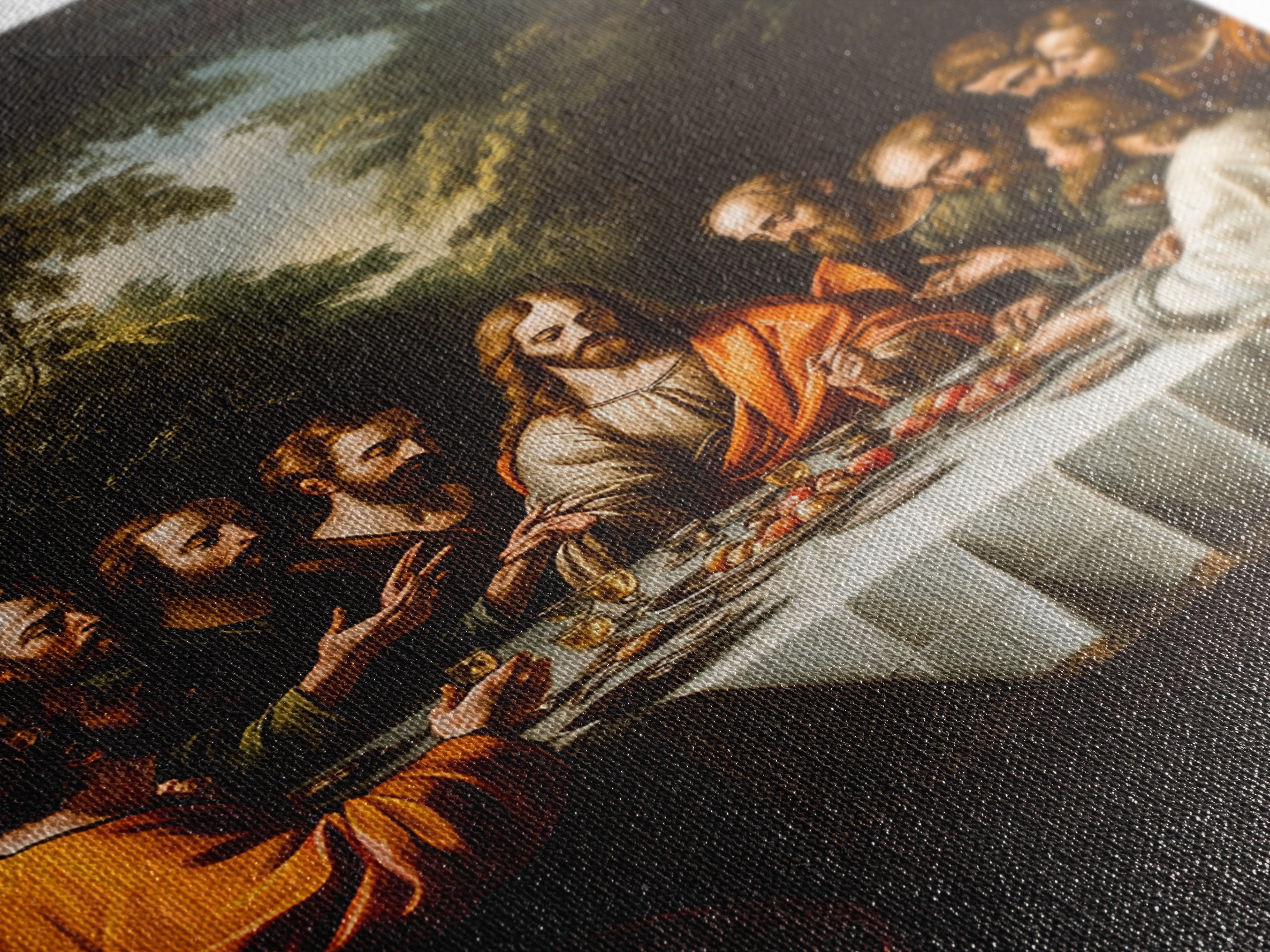 Close-up canvas wall art of the Last Supper figures around a banquet table