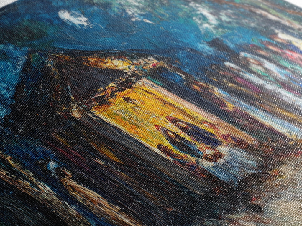Close-up of textured brushstrokes in blue sky and yellow building on a canvas print