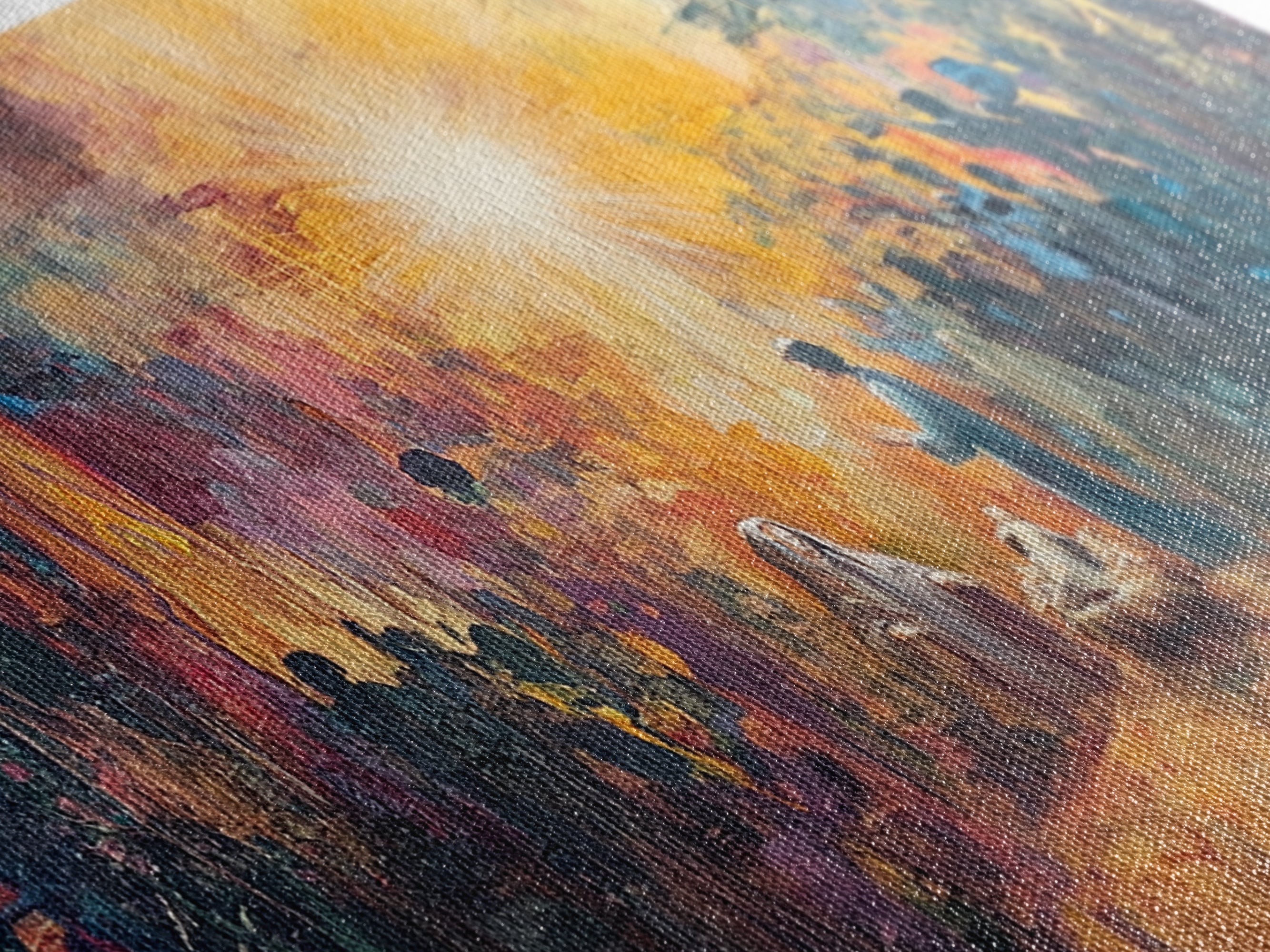 Close-up of nativity canvas paint texture with golden light strokes and blue-green tones