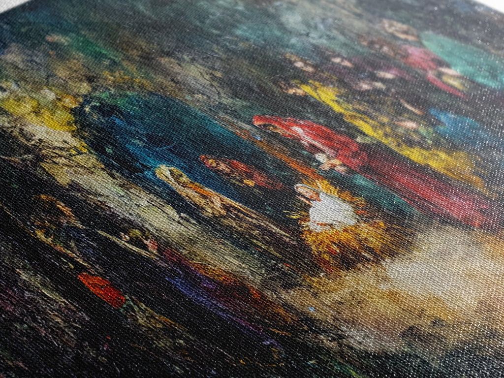 Abstract nativity canvas detail with textured paint strokes in teal, gold, red, and purple