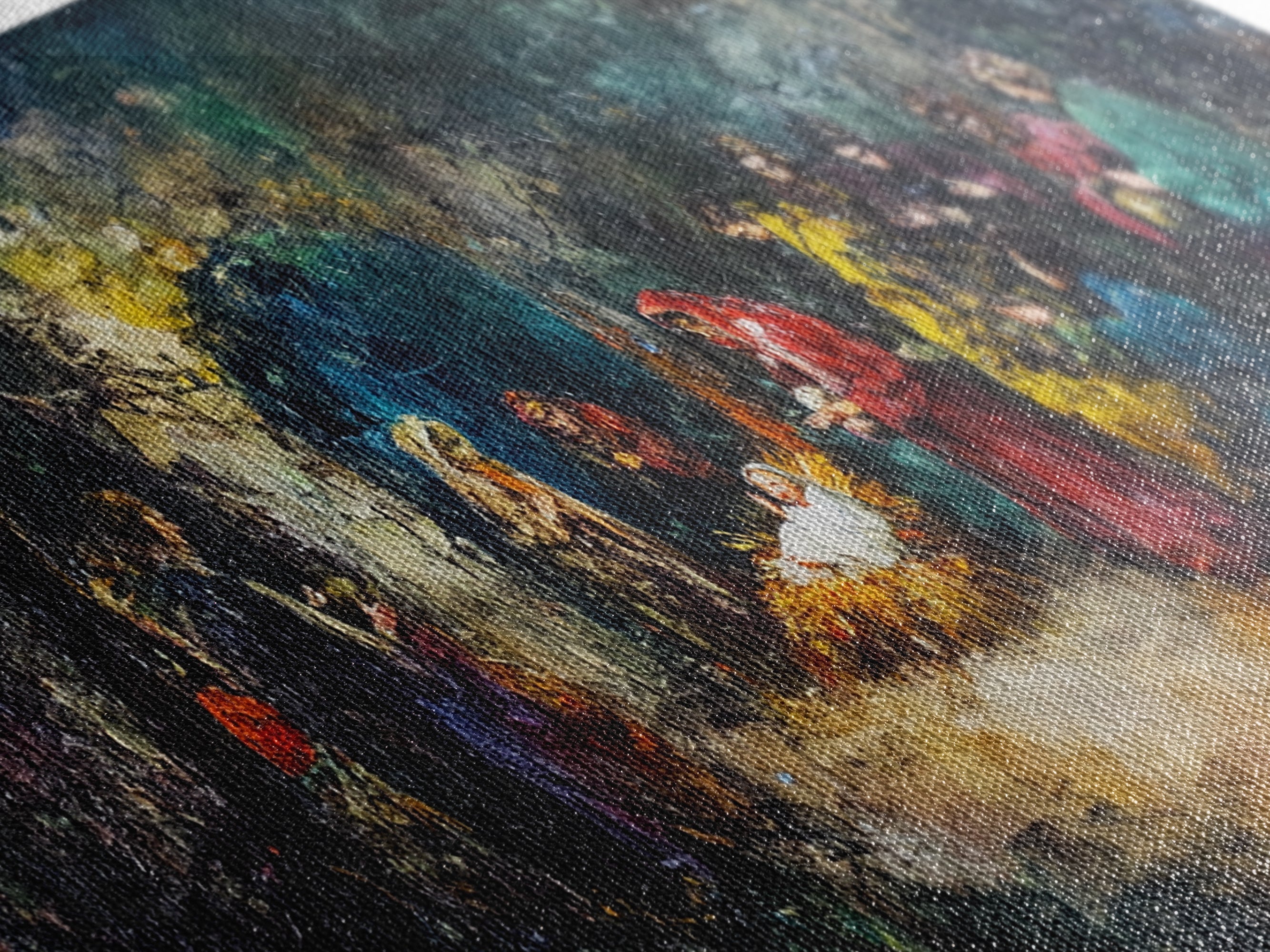 Abstract nativity canvas detail with textured paint strokes in teal, gold, red, and purple