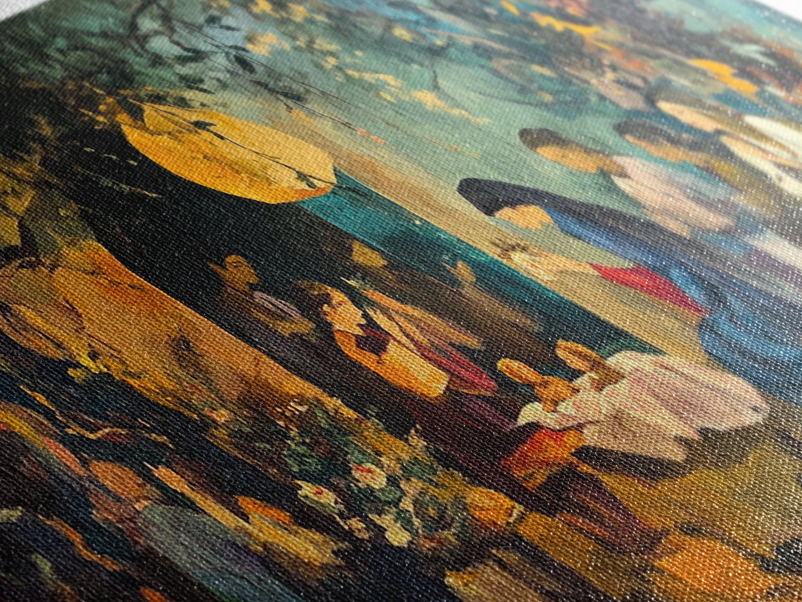 Close-up of nativity canvas brushstrokes with warm golden angel light and figures