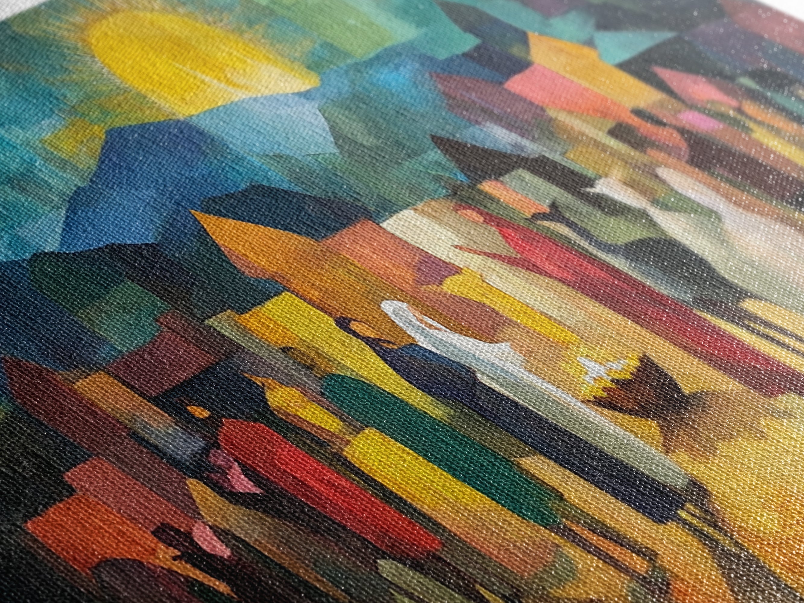 Abstract nativity wall art close-up with colorful brushstrokes and blue-green tones