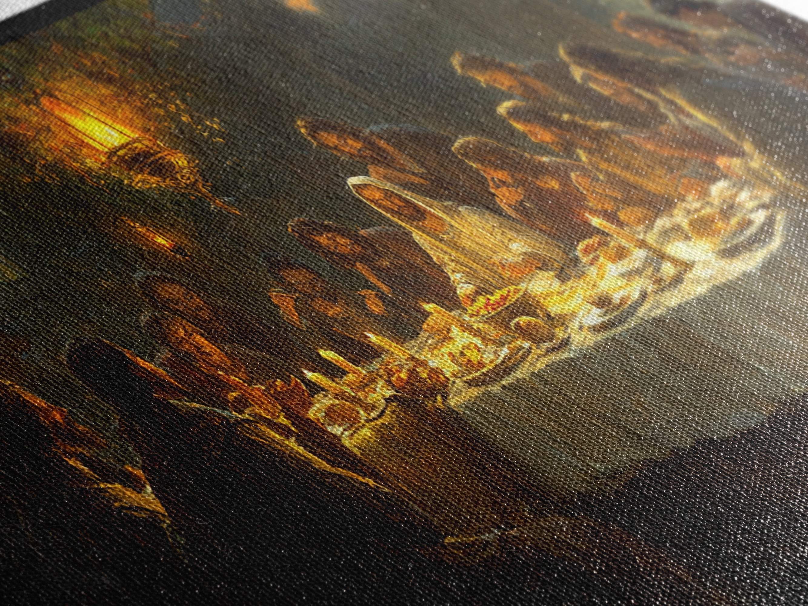 Close-up canvas artwork of The Last Supper, candle flames over table details
