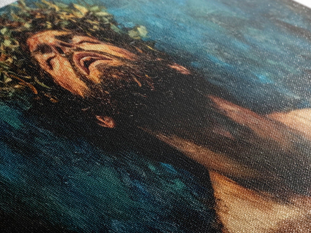 Close-up of Jesus Christ portrait on canvas with crown of thorns