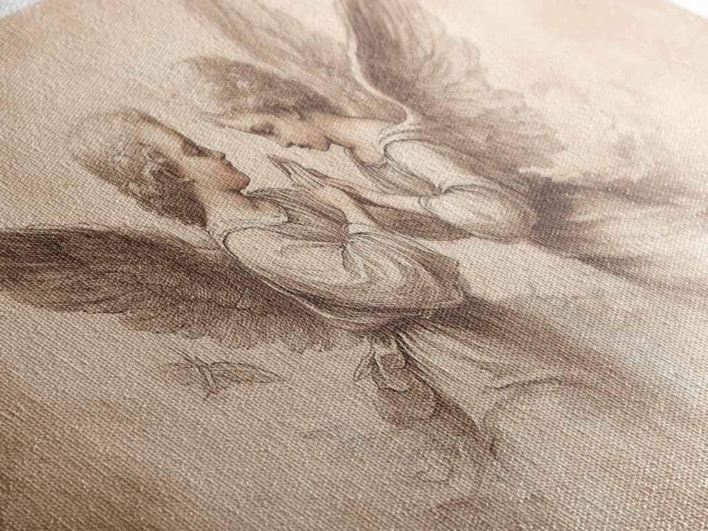 Close-up of angel wall art canvas showing cherub wings and soft beige shading