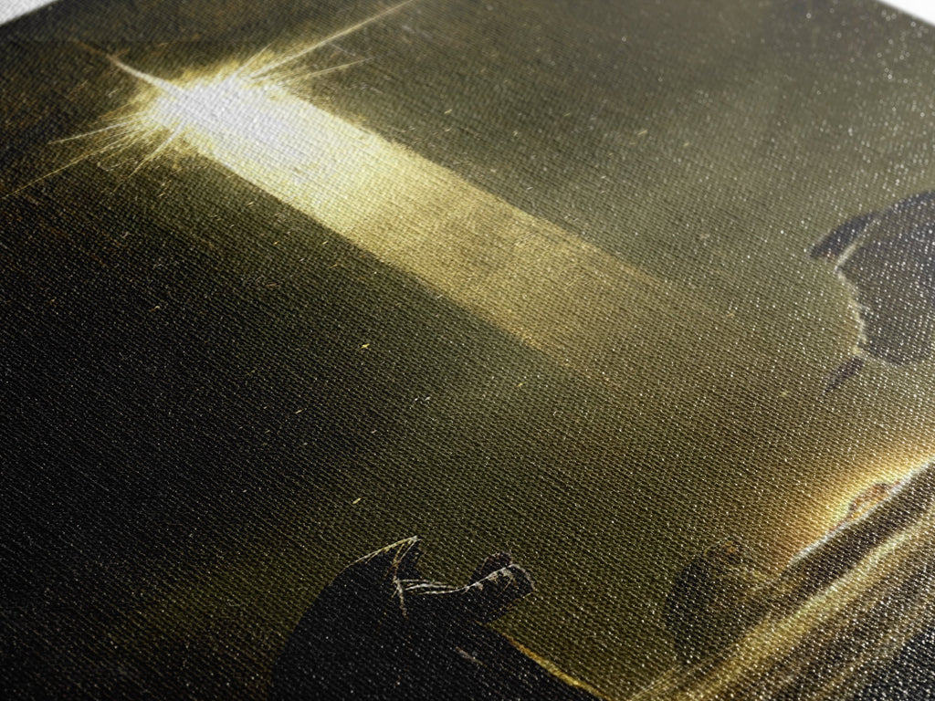Nativity painting print close-up of golden light beam across textured canvas