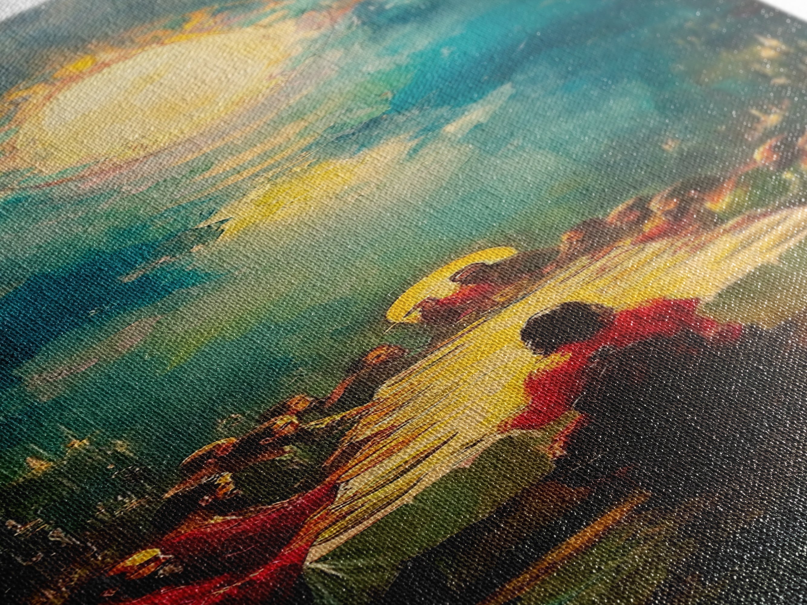 Painted canvas detail of apostles' table and glowing Christ figure