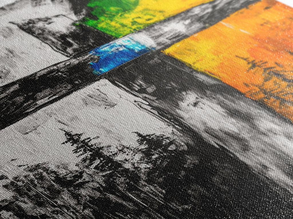 Close-up of cross wall art canvas texture with blue stripe, orange and green blocks, dark details