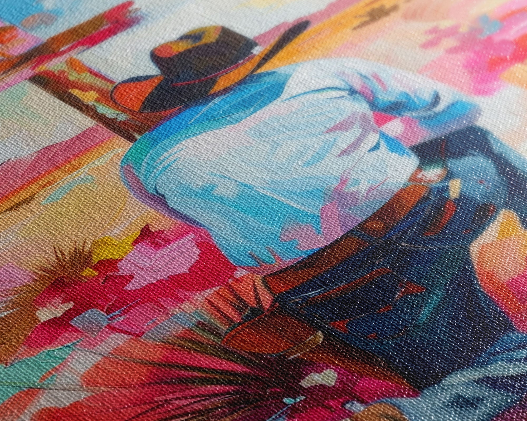 Close-up of colorful woven canvas showing a cowboy in a hat praying at a cross