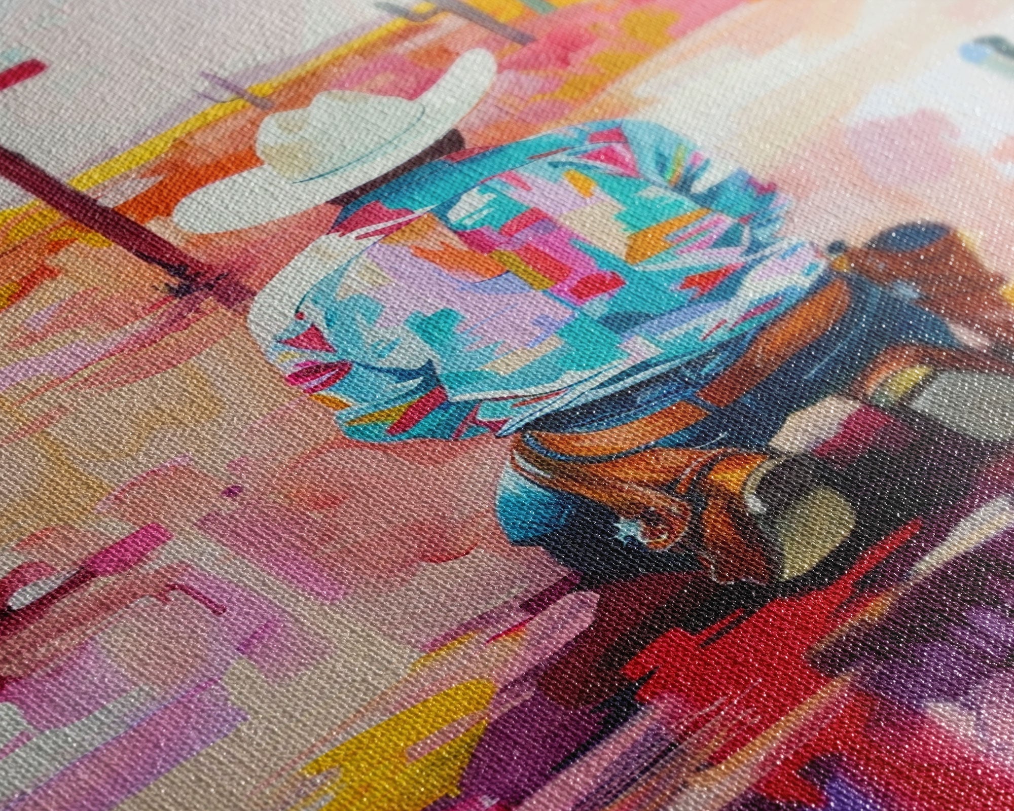 Close-up of abstract painted kneeling cowboy, with colorful brushstrokes on canvas