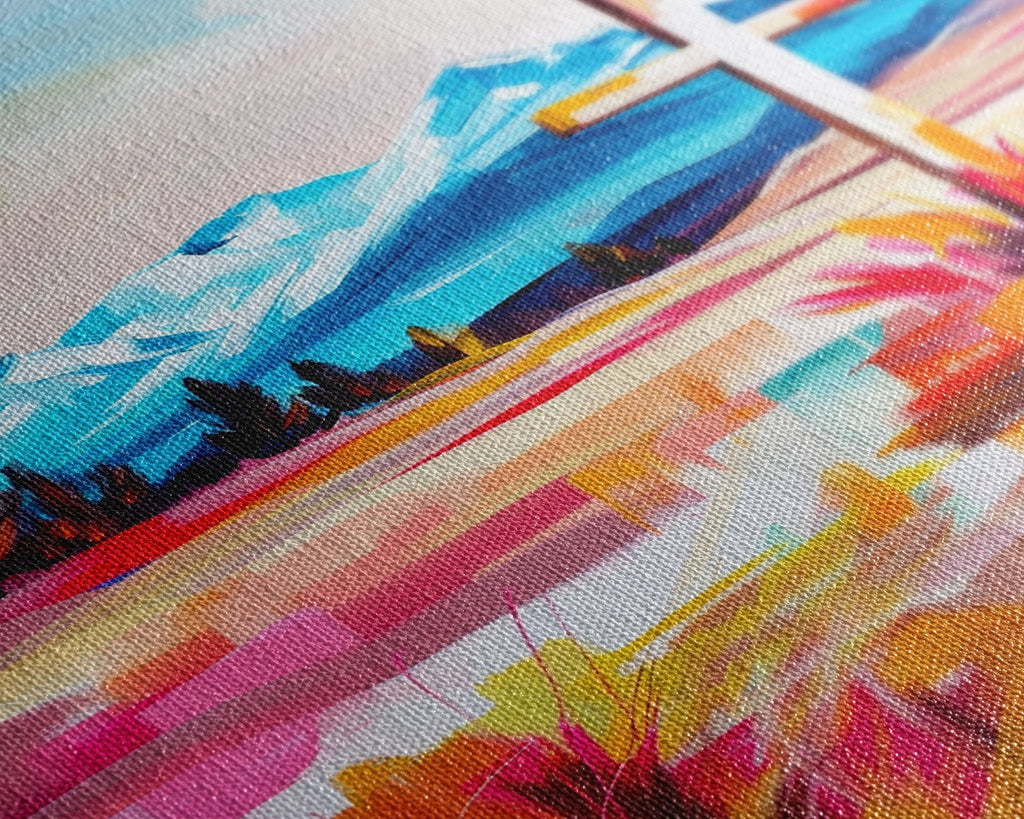 Close-up canvas print texture with colorful cross and mountain landscape strokes