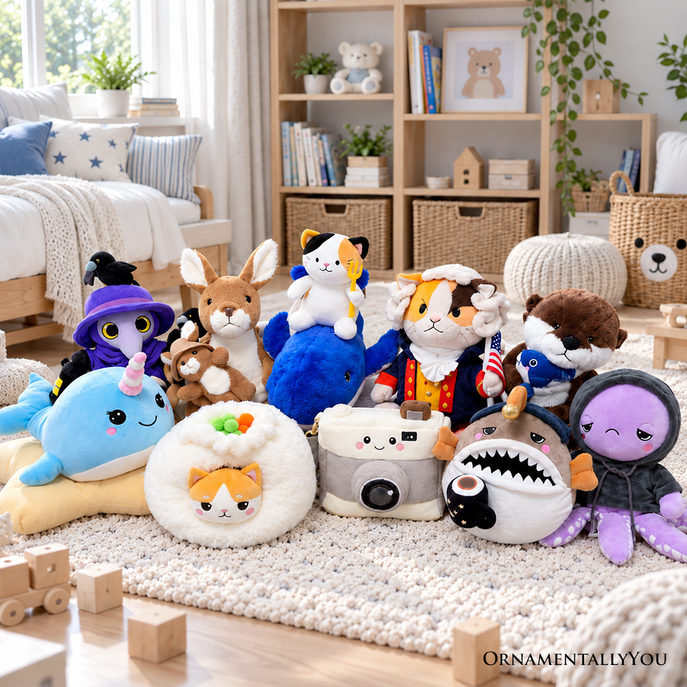 Plush Jesus toy among other stuffed animals on a playroom rug.