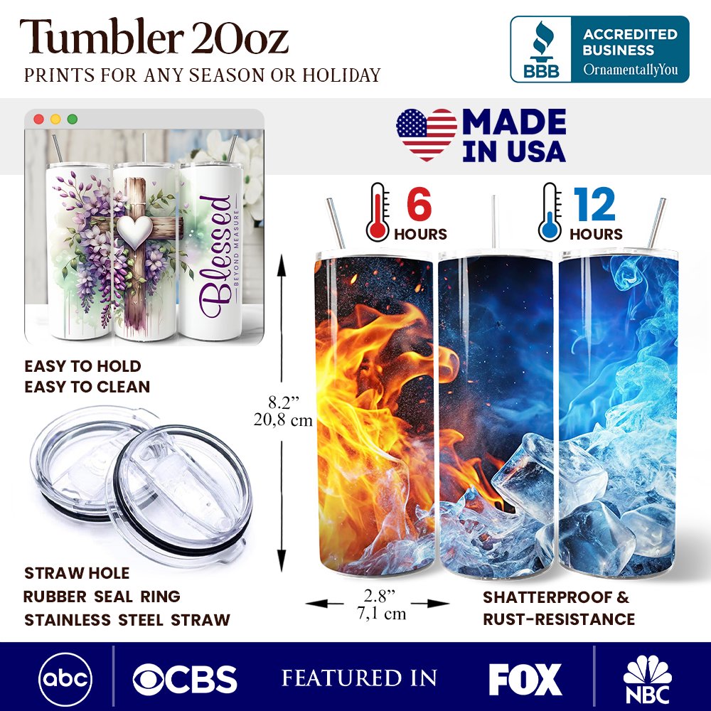 20oz tumbler features diagram showing lid and stainless steel straw