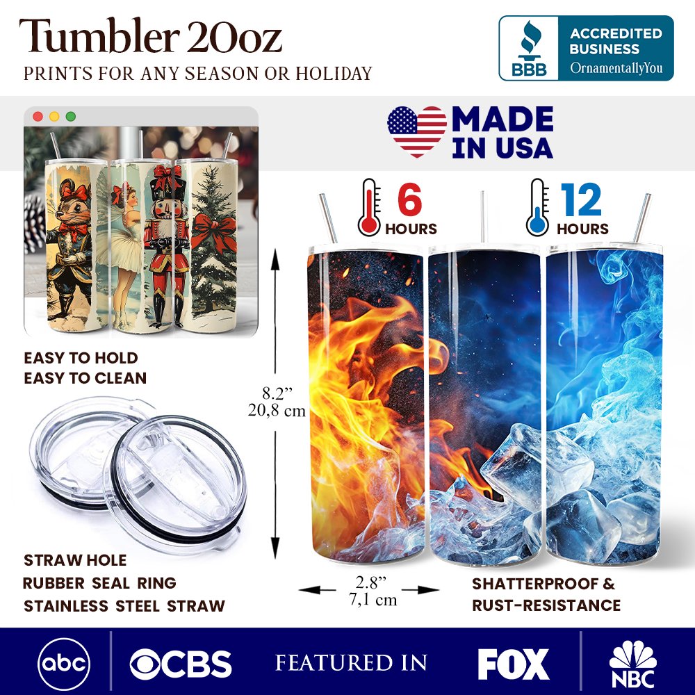 Holiday tumbler with lid and straw, infographic callouts for size and straw