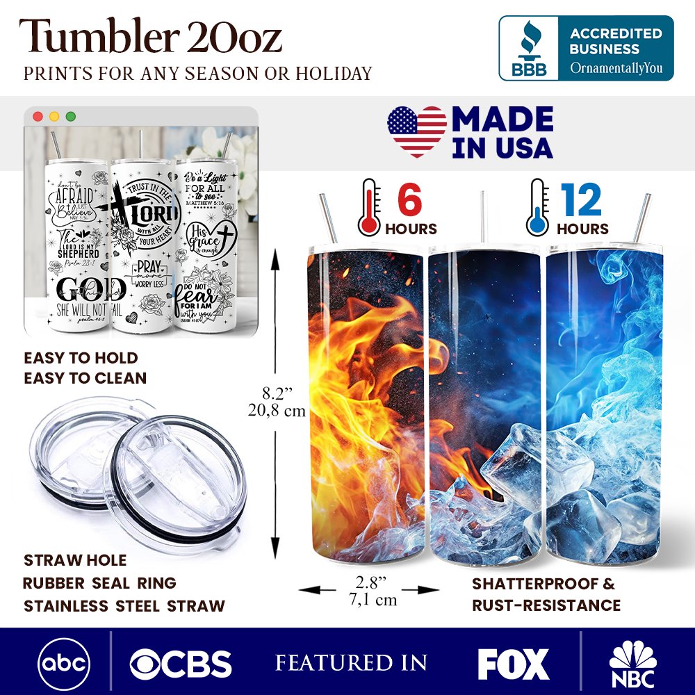 20oz tumbler with lid and stainless steel straw, plus illustrated durability and care icons